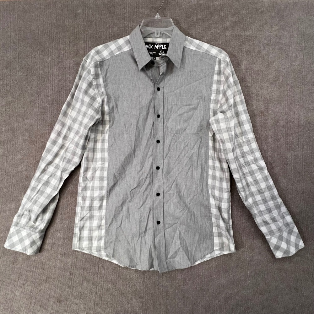 Black Apple Mens XL‎ Button Down Shirt Gray Checkered Casual Long Sleeve